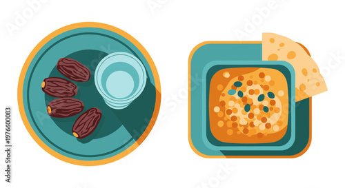 Flat design shows two healthy dishes. One holds dates and water. Another contains soup with pita bread. Bright colors appeal to health-focused audiences. Ideal for wellness, nutrition