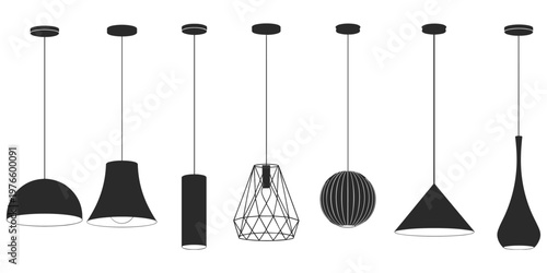 Pendant light silhouettes, dome, conical, cylindrical, geometric, spherical, teardrop lamp designs, modern interior lighting artwork concept, flat vector illustration