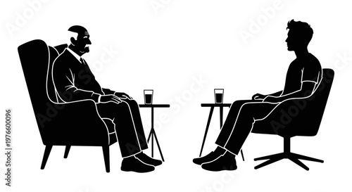 Two individuals engaged in a formal conversation across small tables with drinks Vector, illustration