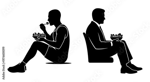 Two individuals eating in contrasting settings while facing away from each other Vector, illustration