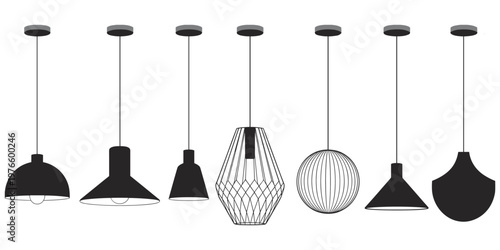 Pendant light silhouettes, dome, conical, cylindrical, wireframe, spherical, teardrop lamp designs, modern interior lighting artwork concept, flat vector illustration