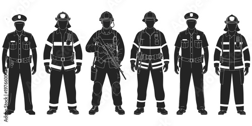Police officer firefighter soldier silhouette, emergency service uniform team, public safety personnel illustration, law enforcement rescue worker vector, crisis response hero, flat vector illustratio