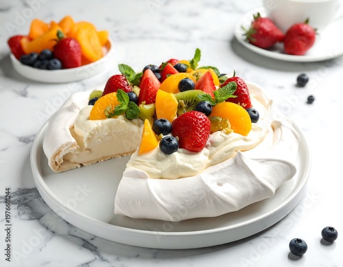 Delicious Pavlova Dessert with Fresh Berries and Fruits.