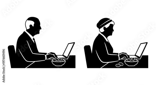 Two individuals working on laptops while eating snacks in contrasting attire styles Vector, illustration