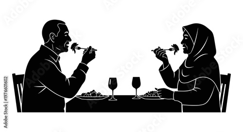 A quiet dinner shared between two individuals enjoying a meal together at a table. Vector, illustration