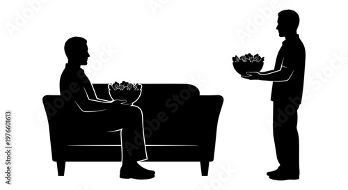 Two individuals exchanging bowls of salad in a casual setting Vector, illustration