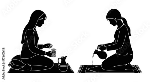 Two individuals performing traditional ablution rituals before prayer Vector, illustration