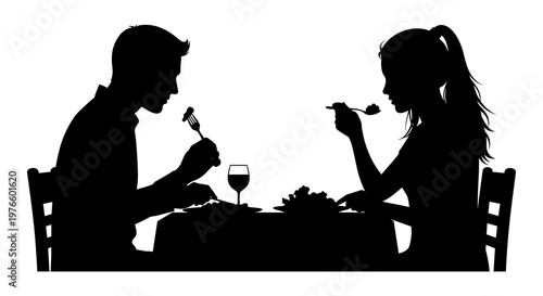 Silhouettes of two people dining together. They eat with spoons and wine glasses. They sit across a small table. Their postures show quiet enjoyment. Ideal for romantic or intimate scenes