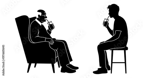 Two individuals having drinks during a casual conversation in a relaxed setting Vector, illustration