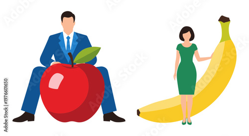 Man and woman sit beside fruit symbolizing healthy living. Businessman poses with red apple, signifying wellness and health. Woman stands beside banana, suggesting natural and balanced lifestyle