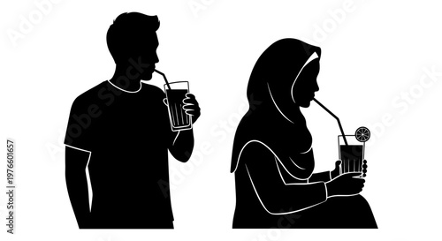 Two individuals drinking beverages in contrasting styles Vector, illustration