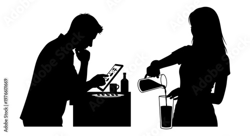 Distracted man and attentive woman during a meal in a restaurant setting Vector, illustration