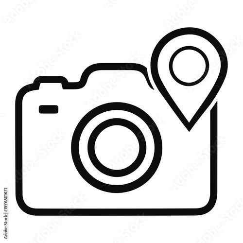 An artistic black and white line drawing of a camera with a location pin on the top right corner, symbolizing travel photography or geo-tagged images