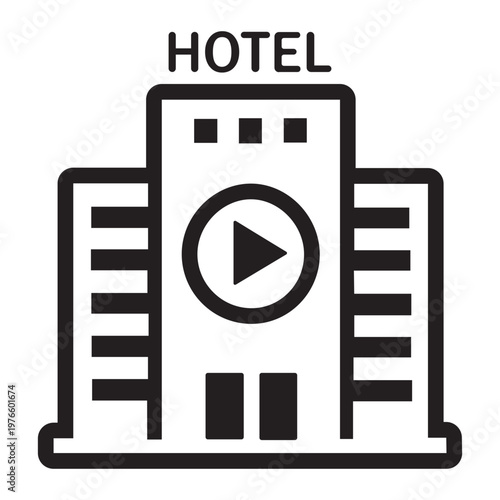 Hotel building icon with play button, symbolizing virtual tours, online booking media, or interactive digital content for modern hospitality and lodging services