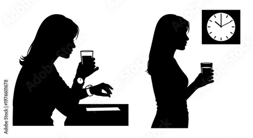 Two women drinking beverages while checking the time in contrasting settings Vector, illustration