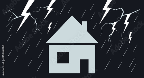 Illustration of a house during a thunderstorm with lightning strikes and heavy rain