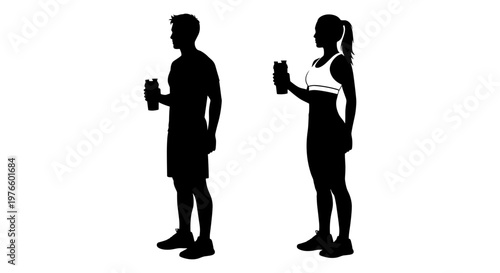 Two individuals holding drinks in casual athletic attire standing side by side Vector, illustration