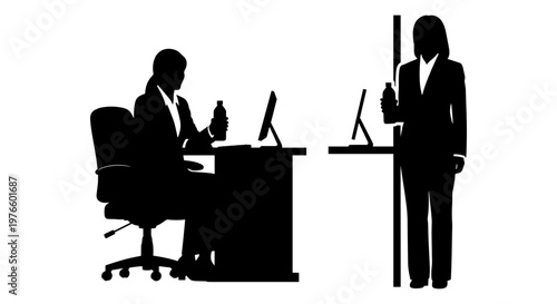 Silhouettes show two professionals in office settings. One sits at a desk, focused on a computer. The other stands beside a vertical divider, holding a drink