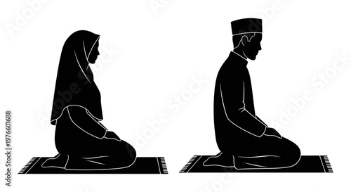 Individuals performing the sujud position during prayer Vector, illustration