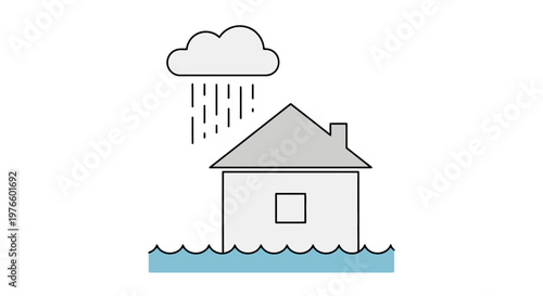 Iconic illustration depicting a house surrounded by rising floodwaters under heavy rainfall, symbolizing property damage and natural disaster risk with a focus on environmental threats