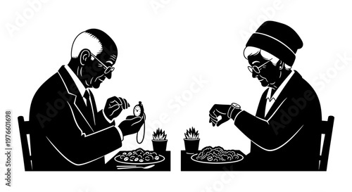 Two elderly individuals checking pocket watches during mealtime in a quiet dining setting Vector, illustration
