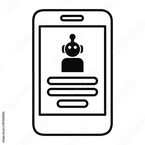 A minimalist black and white illustration of a smartphone displaying a chatbot interface with a robot avatar and input fields