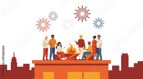 Diverse group celebrating on rooftop with fireworks and fire pit
