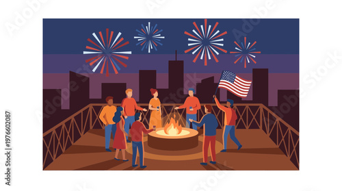 Fourth of July Celebration with Fireworks and Flag on City Rooftop