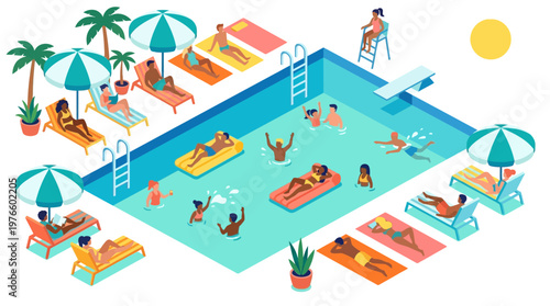 Isometric People Relaxing and Swimming at a Summer Resort Pool