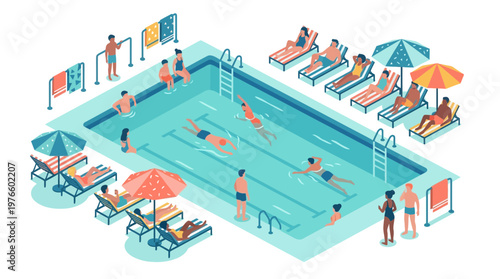 Isometric Public Swimming Pool with People Sunbathing and Swimming