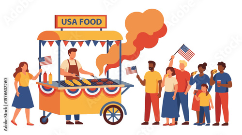 American Street Food Stand and Diverse People Celebrating Holiday