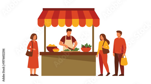 Flat illustration of people at a street food market stall
