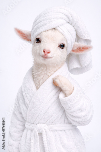 Adorable baby goat with fresh water droplets on its face, styled as a hydrating face mist spa treatment in a clean studio environment.
