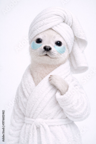 Cute seal pup wearing under-eye patches in a luxury spa setting, wrapped in a soft bathrobe and towel with a clean pastel background.