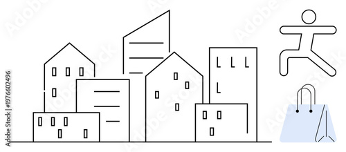 Urban lifestyle, retail, city living, shopping culture, active life, modern design. Minimalist line art of city buildings, shopping bag and jumping person. Urban lifestyle and retail symbolism