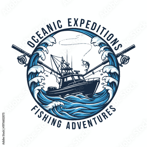 Oceanic Expeditions Fishing Adventures Boat Illustration.