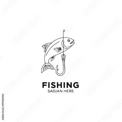 Simple Line Art Fishing Hook Catching a Fish Icon.