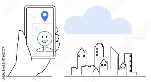 Navigation, geolocation, urban planning, travel apps, user-friendly design, digital maps. Hand holding smartphone with location marker and cityscape. Navigation and geolocation concept