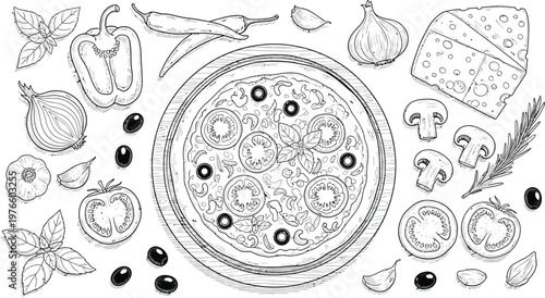 Black and White Pizza Ingredients Hand Drawn Vector Illustration Set