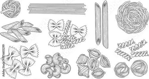 Different Pasta Types Hand Drawn Sketch Set Vector Illustration