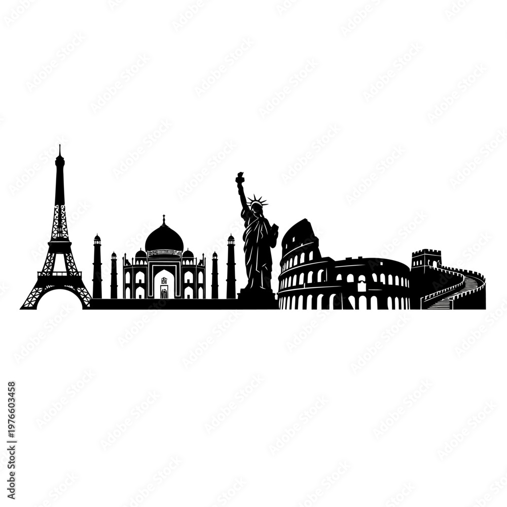 Fototapeta premium Famous World Landmarks Silhouette Skyline Travel Destination Concept