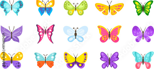 Collection of bright cute butterflies in different colors and wing patterns, isolated on white background for kids design, sticker packs, education materials
