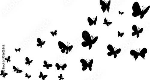 Group of black butterfly silhouettes flying in the air with lots of copy space, minimalist nature background for spring and summer designs, wedding invitations, posters, cards, wallpaper and decorativ