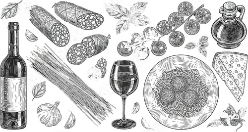 Engraving style Italian food set with wine and pasta vector illustration