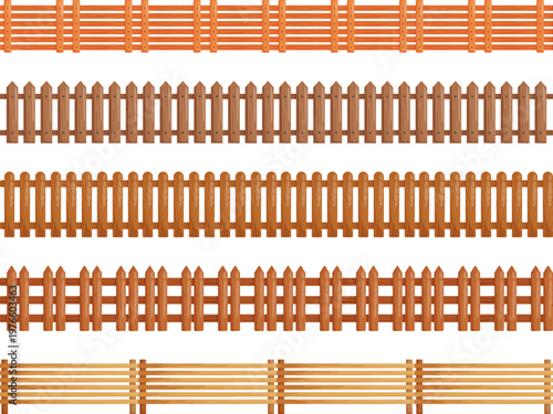 Set of wooden fence borders in different styles, isolated on white background, perfect for farm and garden scenes, 2D games, level design, UI decoration, landscape 