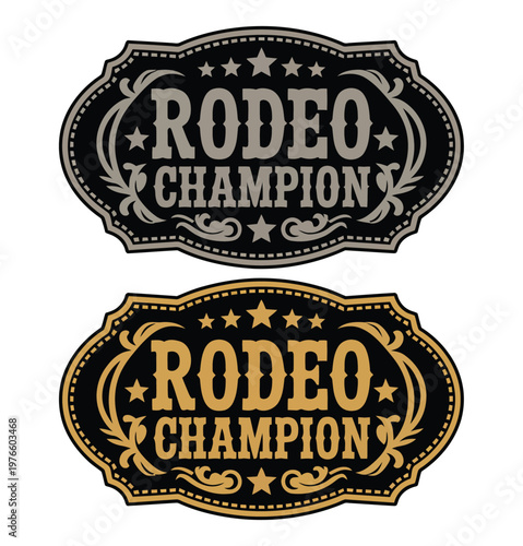 Schilderij op canvas Rodeo champion cowboy belt buckle vector design, vintage western emblem with eng
