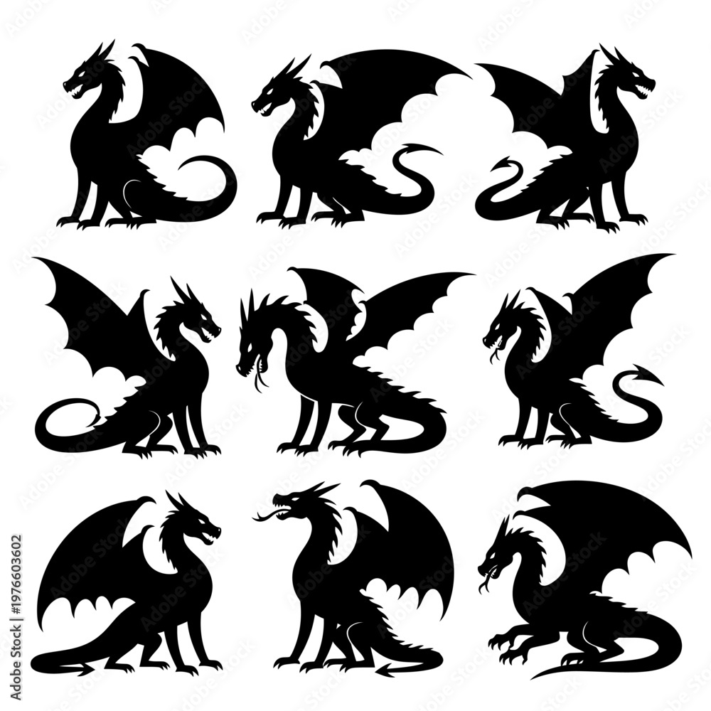 Obraz premium Set of Black Dragon Silhouettes, Mythical Creatures Collection