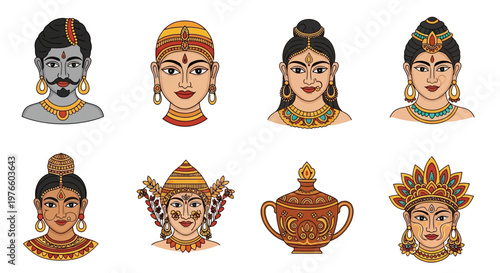 Indian traditional portrait vector set featuring diverse characters in ethnic costumes with classic jewelry.