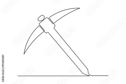 Continuous line drawing of mining pickaxe and soil isolated on white