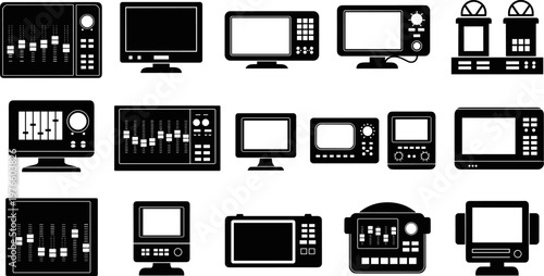 Vector silhouettes of professional audio mixing consoles, digital monitor displays, broadcast equipment icons, electronic control panels, and studio hardware interfaces isolated on white background.